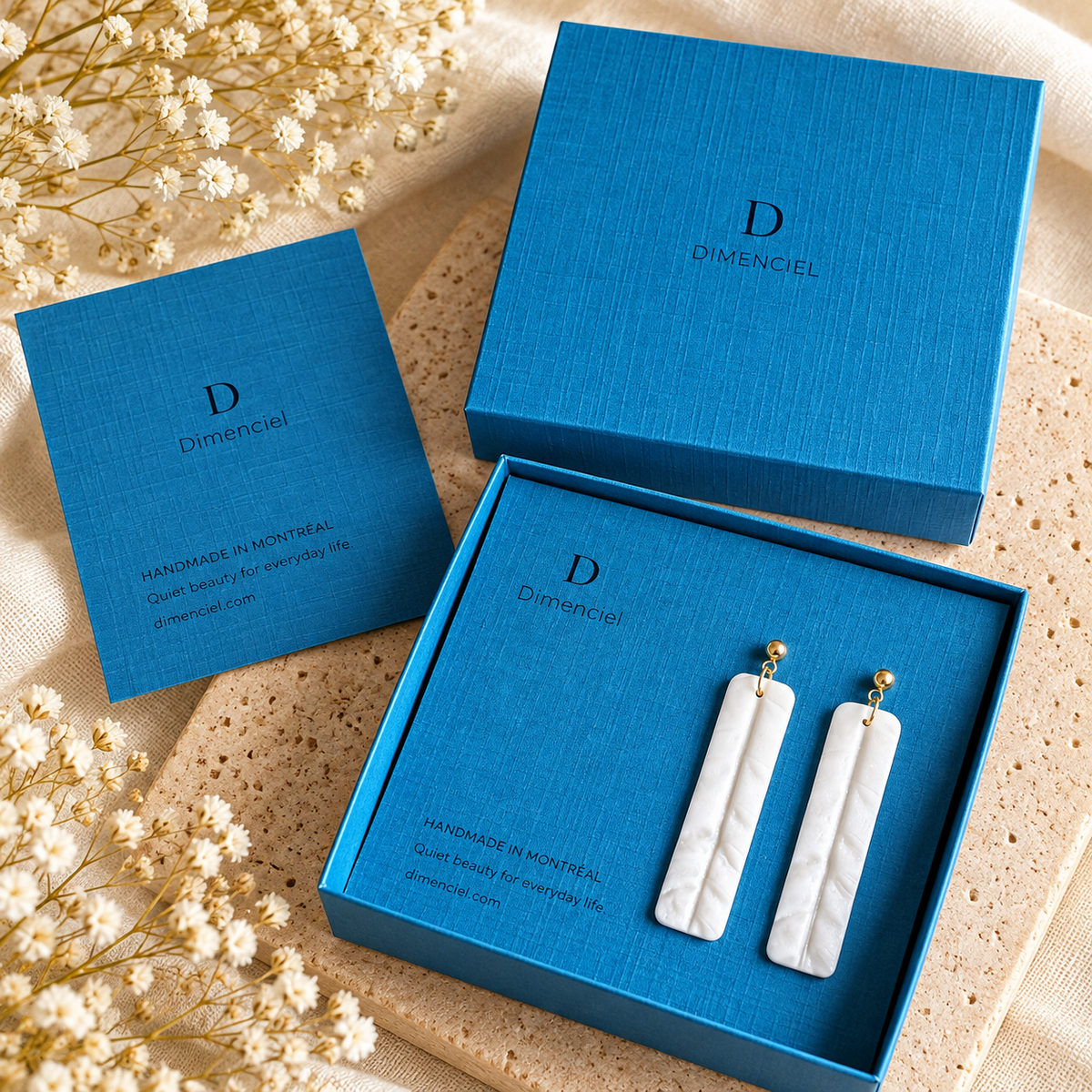 The Palazzo Column Drop | Modern Geometric White Dangle Earrings