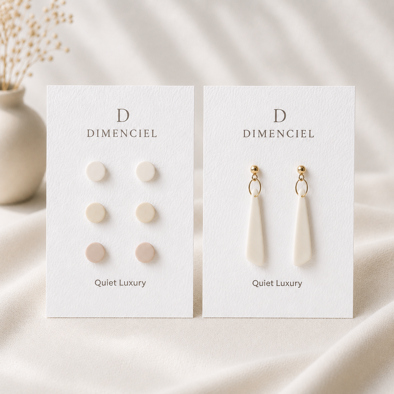 The Orb & Taper Edit in Quiet Luxury — Micro Orb Trio circle studs set and Tapered Drop earrings on Dimenciel branded cards