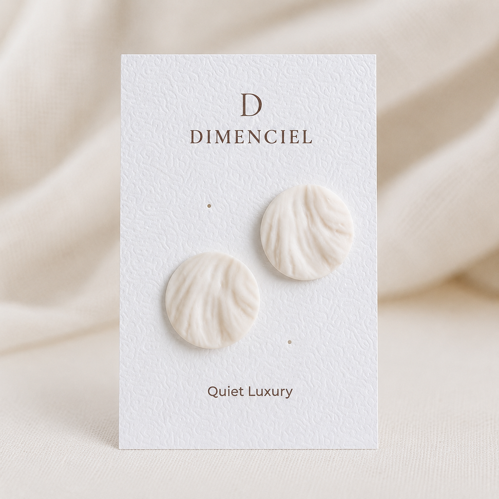 The Swirl Orb in Quiet Luxury — Bone circle ear studs with swirl texture on Dimenciel branded card