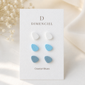Coastal Blues Pebble Ear Studs Set — three pairs of polymer clay pebble studs in White, Mist Blue and Slate Blue