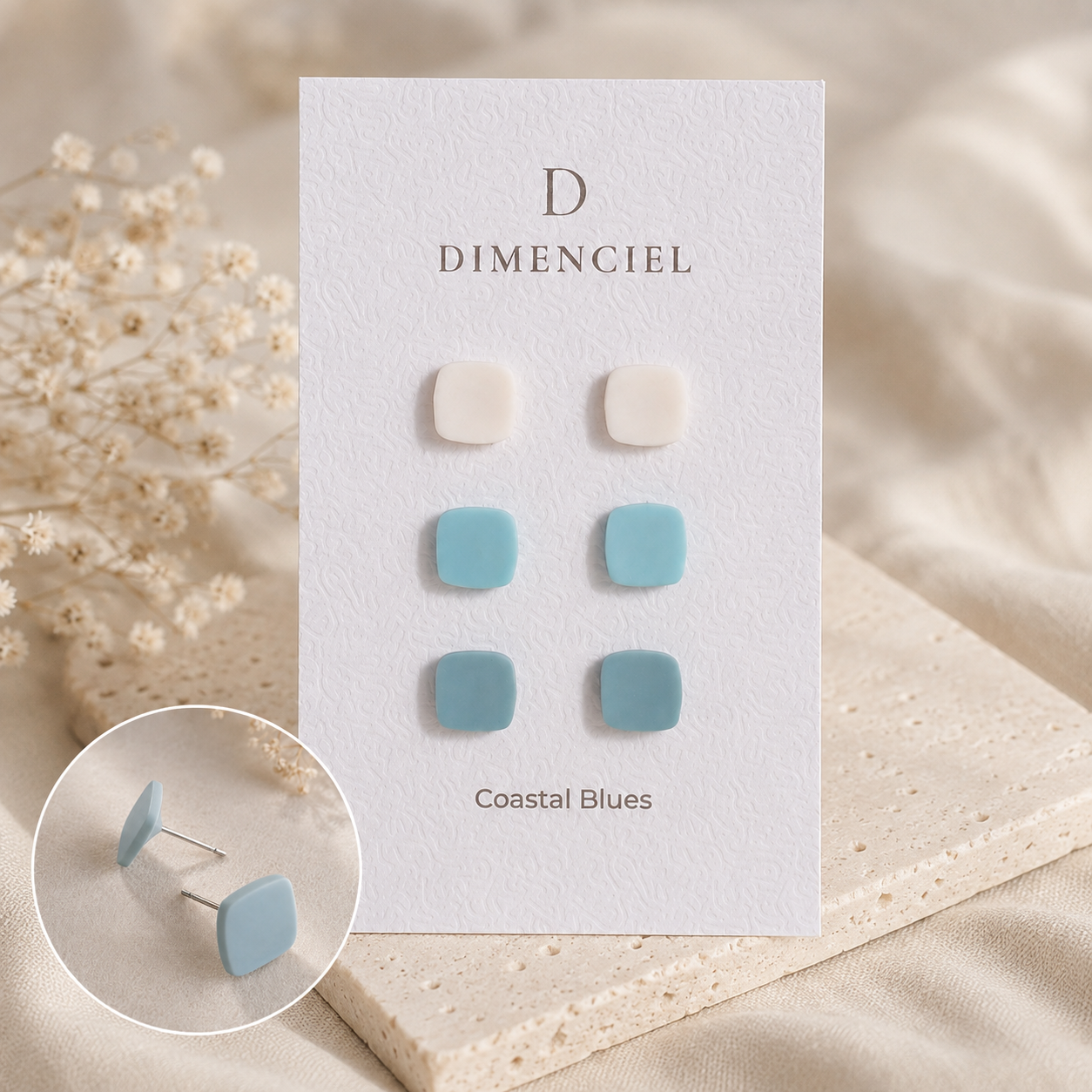 The Micro Cube Trio in Coastal Blues | Square Ear Studs Set