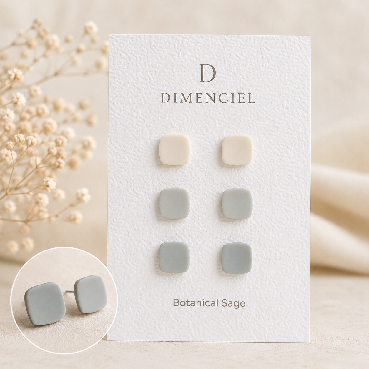 The Micro Cube Trio in Botanical Sage | Square Ear Studs Set