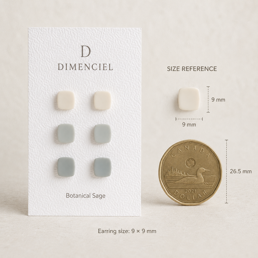 The Micro Cube Trio in Botanical Sage | Square Ear Studs Set