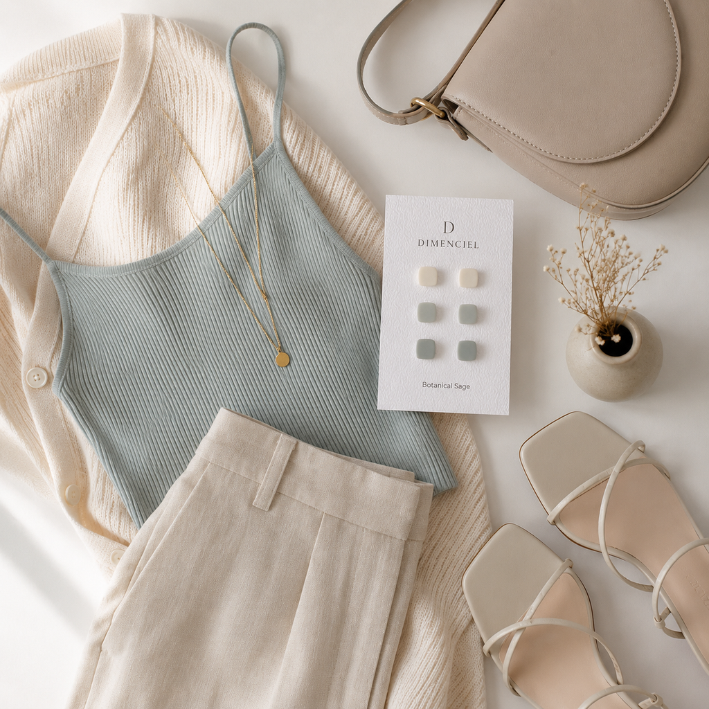 The Micro Cube Trio in Botanical Sage | Square Ear Studs Set