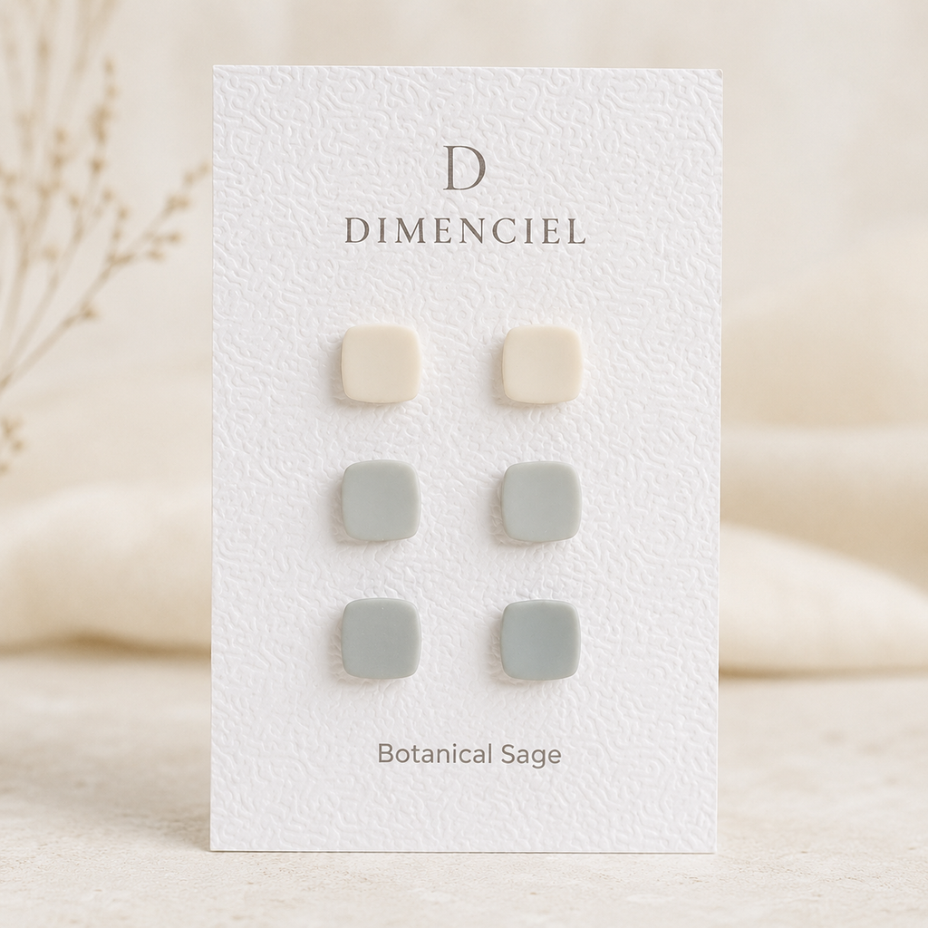 The Micro Cube Trio in Botanical Sage | Square Ear Studs Set