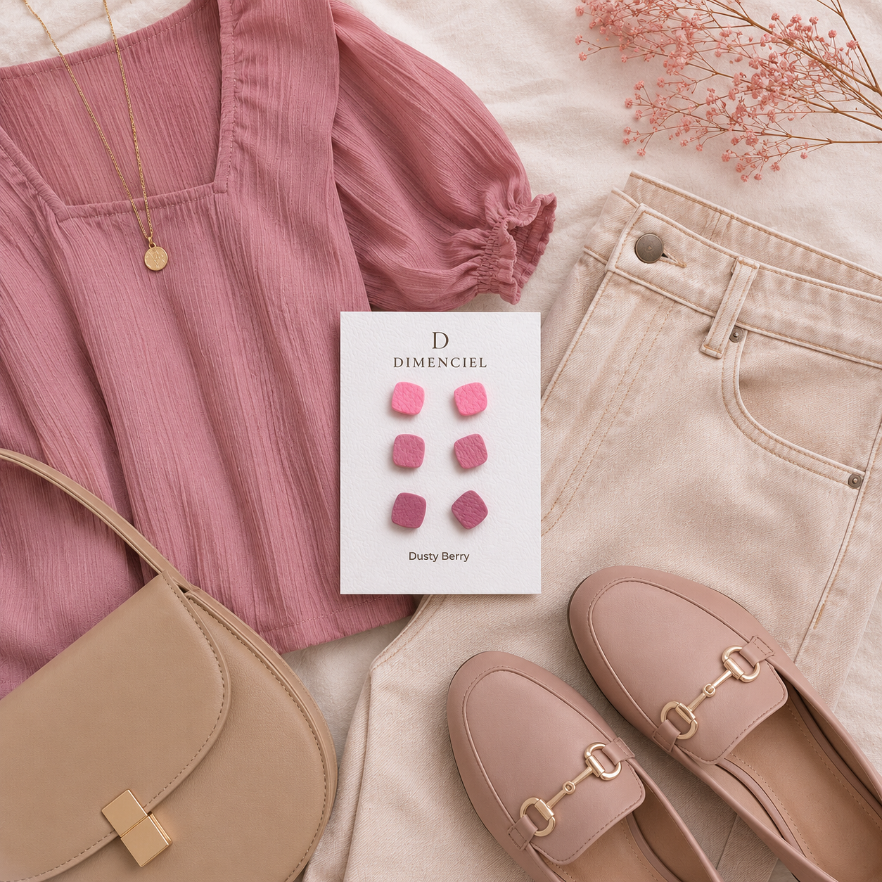Dusty Berry Square Ear Studs Set