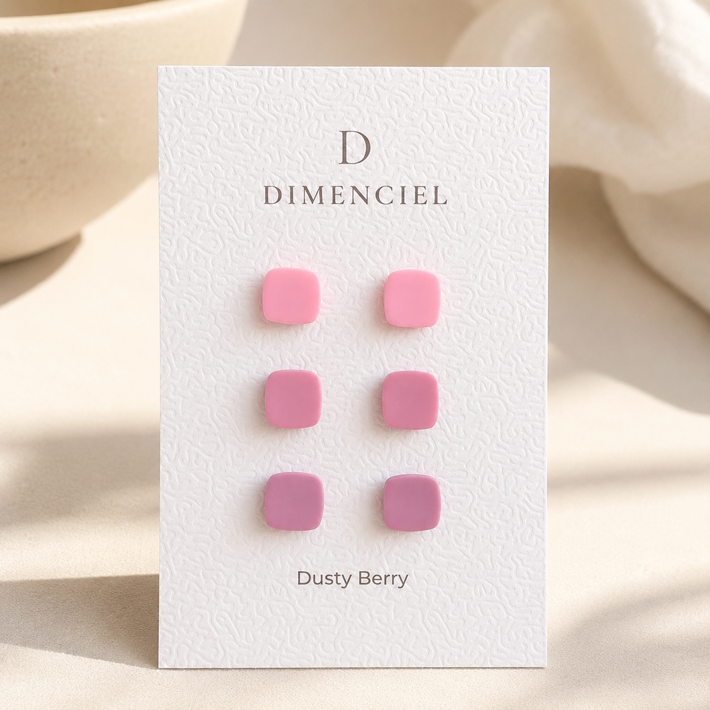 The Micro Cube Trio in Dusty Berry | Square Ear Studs Set