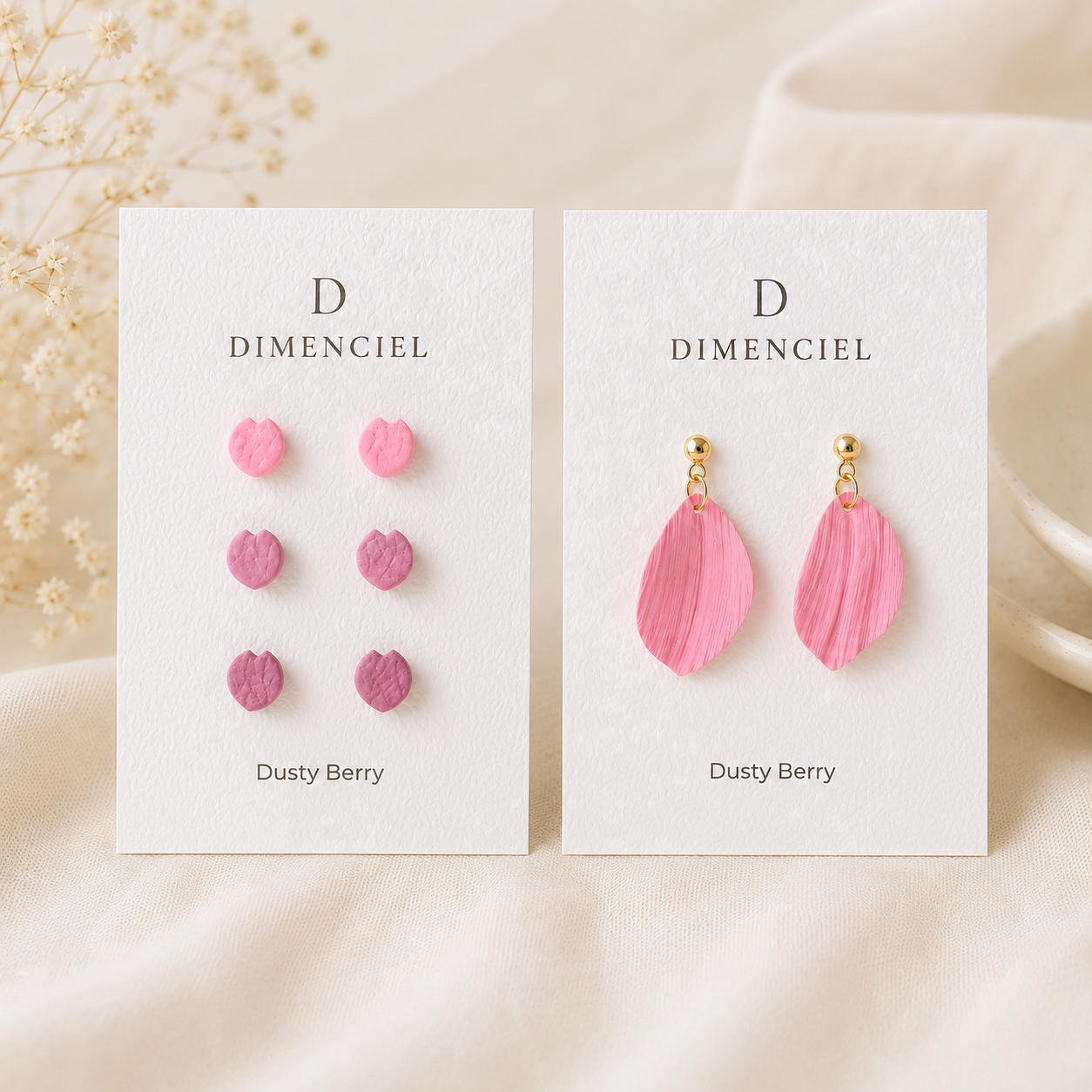 Dusty Berry Bundle — Circle Ear Studs Set and Petal Drop Earrings by Dimenciel