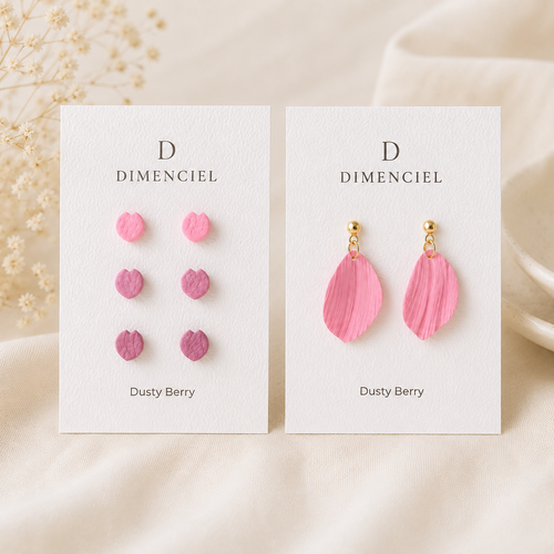 Dusty Berry Bundle — Circle Ear Studs Set and Petal Drop Earrings by Dimenciel