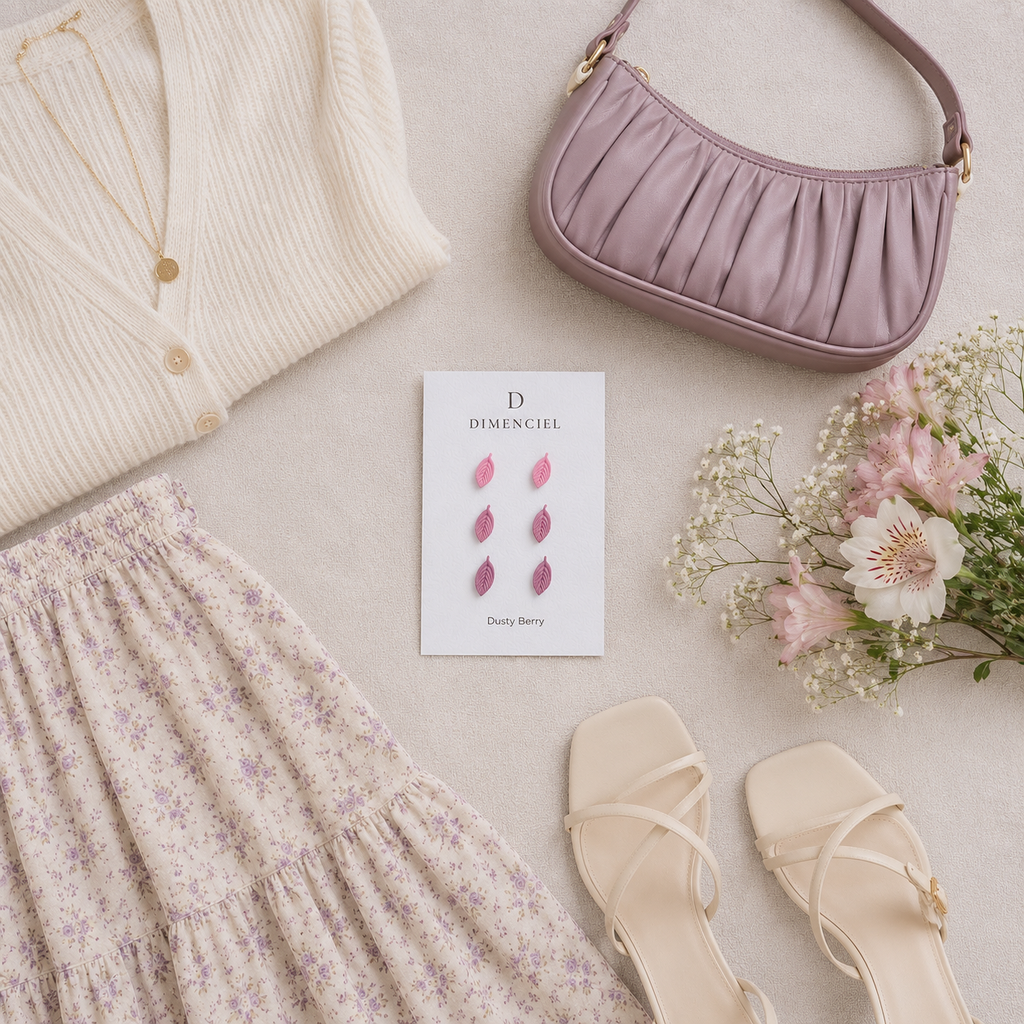 Dusty Berry Leaf Ear Studs Set