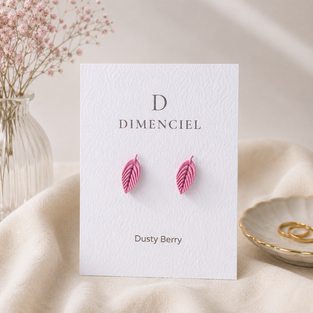 Dusty Berry Leaf Ear Studs Set