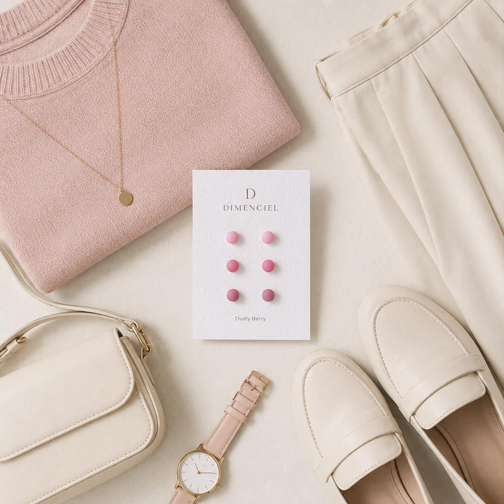The Micro Dome Trio in Dusty Berry | Half Sphere Purple Ear Studs | Minimalist Pink Clay Half Ball Stud Earrings | Everyday Jewelry