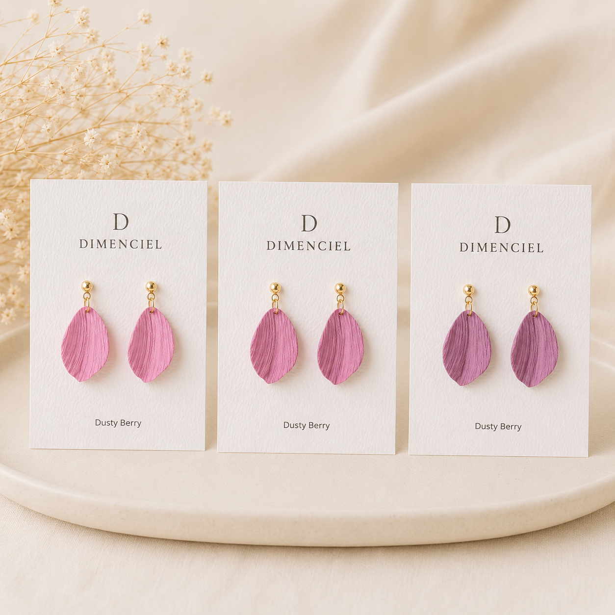 Dusty Berry Petal Drop Earrings — three cards showing graduating shades of dusty berry petal drop earrings with gold-tone ball studs