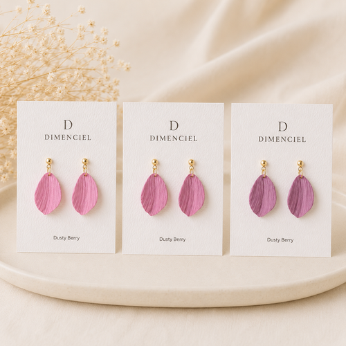 Dusty Berry Petal Drop Earrings — three cards showing graduating shades of dusty berry petal drop earrings with gold-tone ball studs