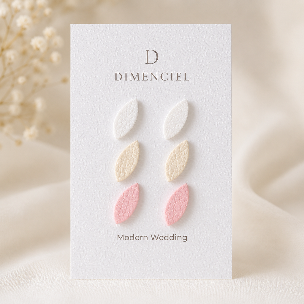 Modern Wedding Leaf Ear Studs Set — three pairs of polymer clay leaf studs in Pearl White, Champagne and Blush Champagne