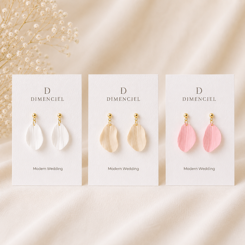 Modern Wedding Petal Drop Earrings — three cards showing Pearl White, Champagne and Blush Champagne petal drop earrings with gold-tone ball studs