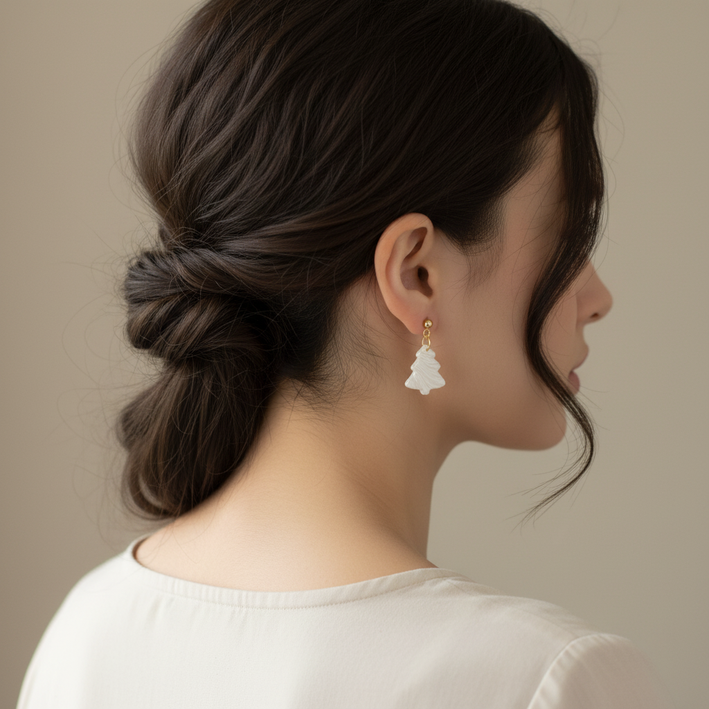 Christmas Xmas Tree Earrings Pearl White Lightweight