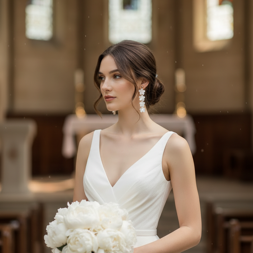 Chapel bride with peonies