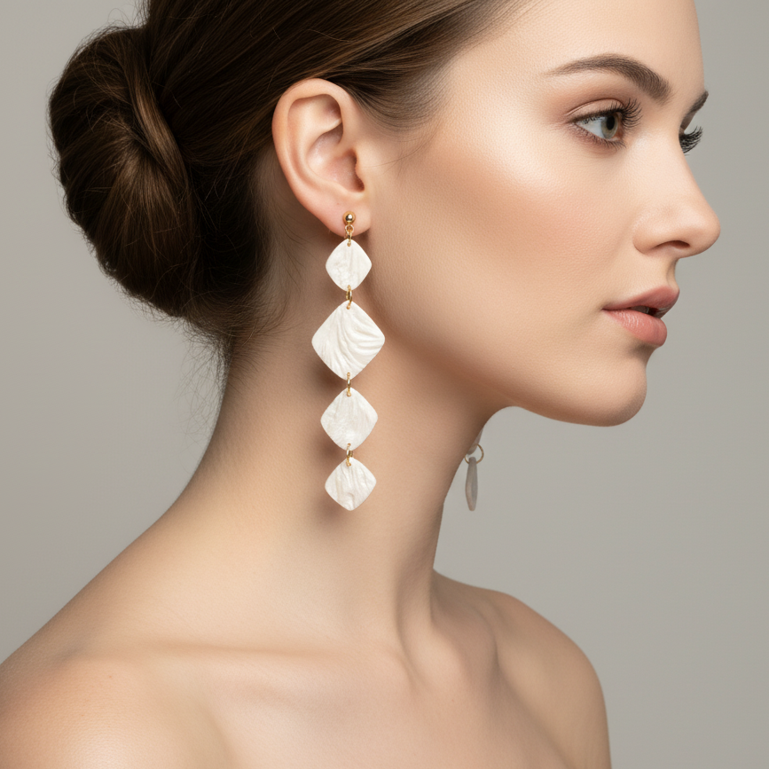 Drop Dangle Earrings Pearl White Lightweight Square