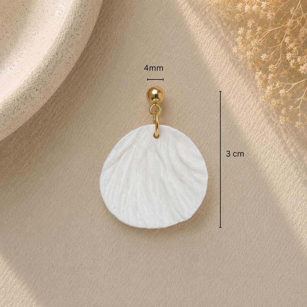 Pearl White Round Earrings — Handmade Polymer Clay Drop