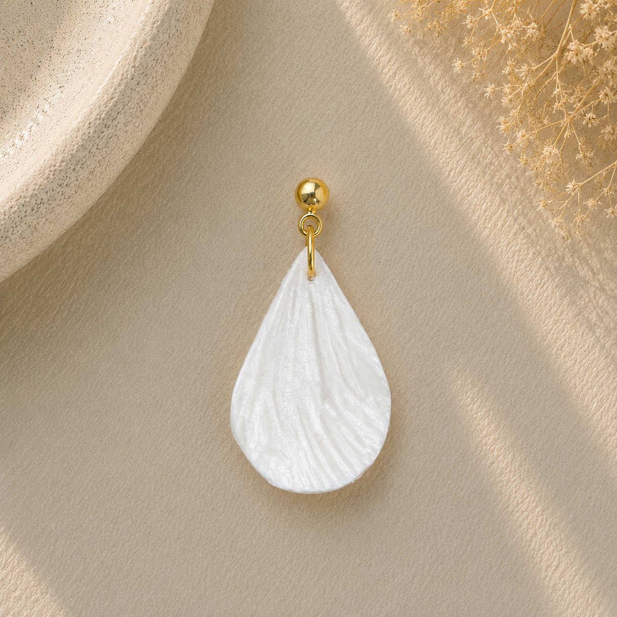 Pearl White Teardrop Earrings — Handmade Polymer Clay Drop
