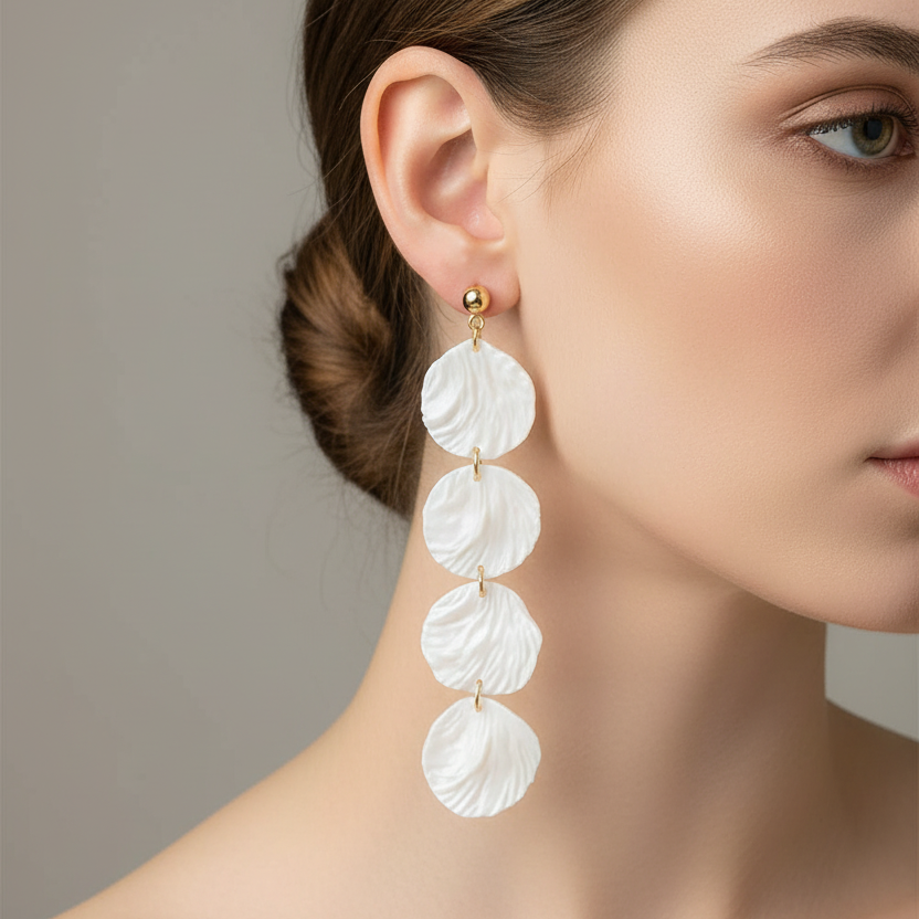 Model wearing cascading round disc earrings