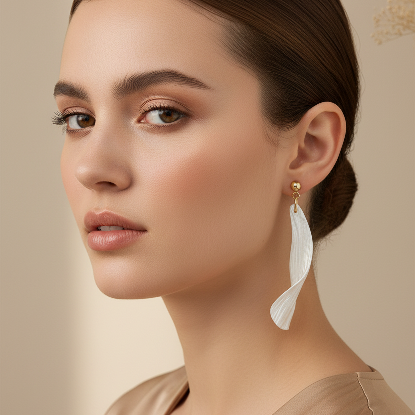 Model Wearing Pearl Twisted Wave Earrings