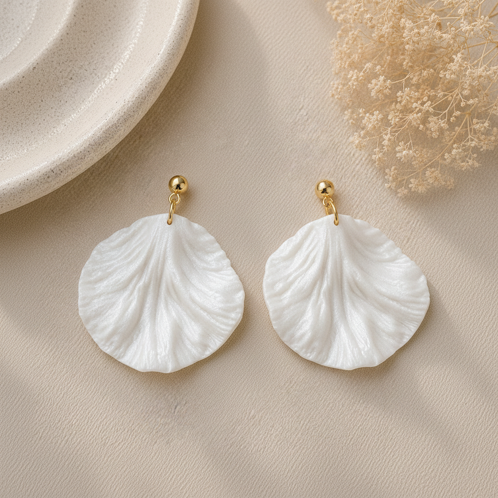 Pair of white round scalloped petal earrings
