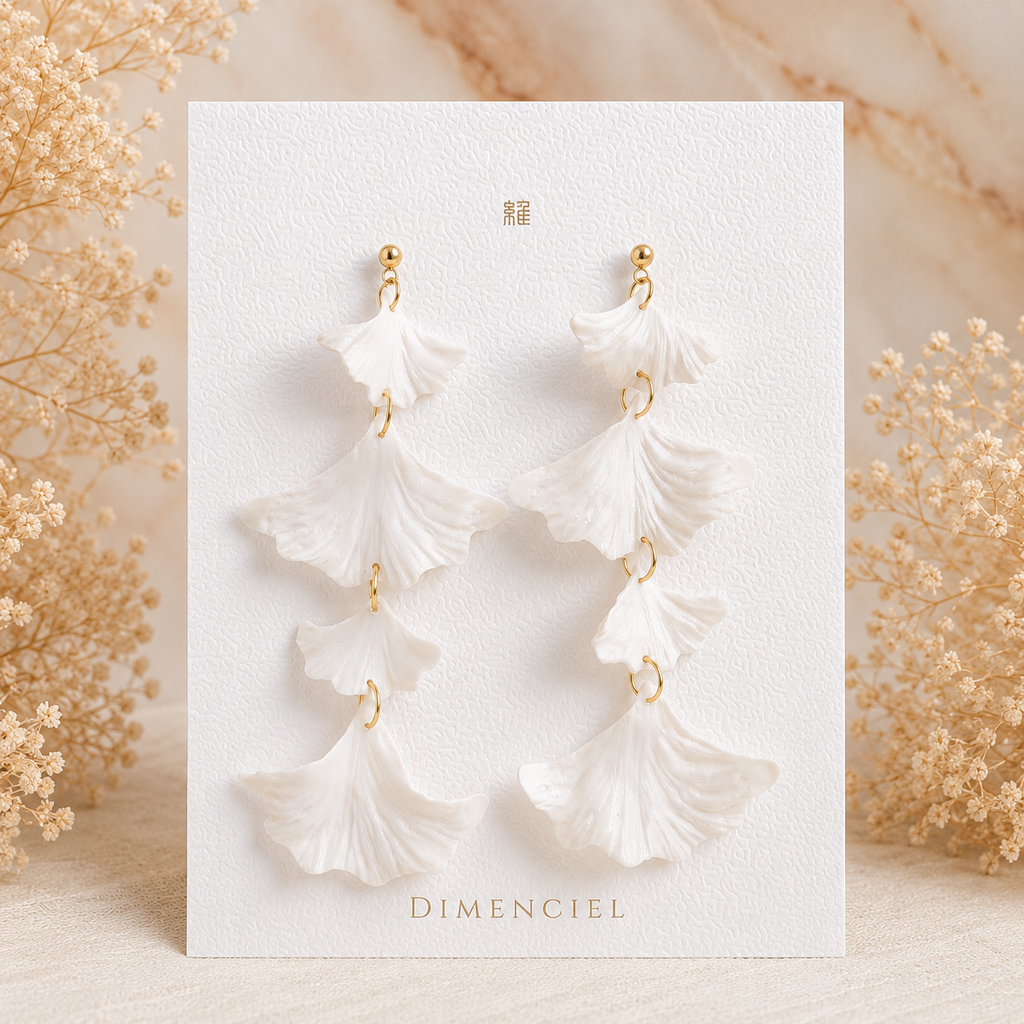 Pearl White Ginkgo Cascade Drop Earrings