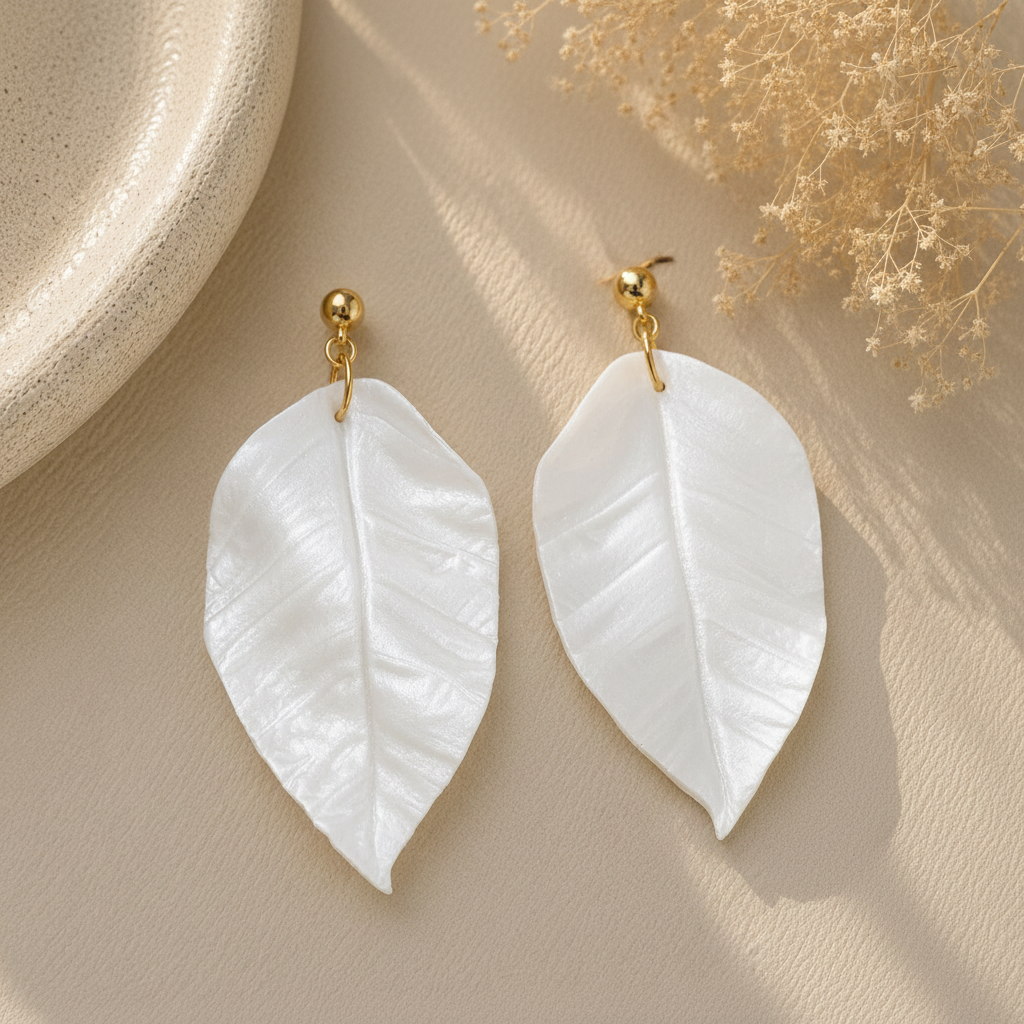 Pearl White Leaf Earring Pair